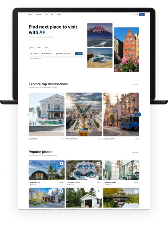 Travel site with search, top destinations and popular places