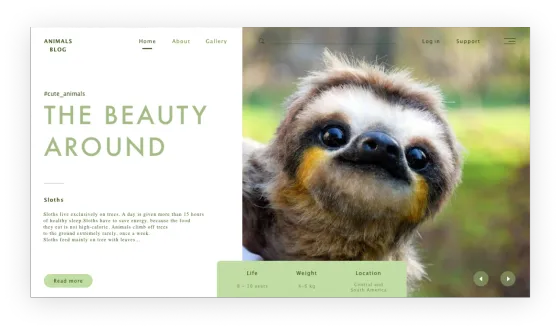 Animal blog template featuring a sloth