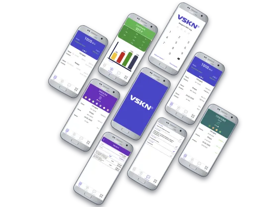 VSKN app screens: balance, cashback chart, orders, payments, PIN login